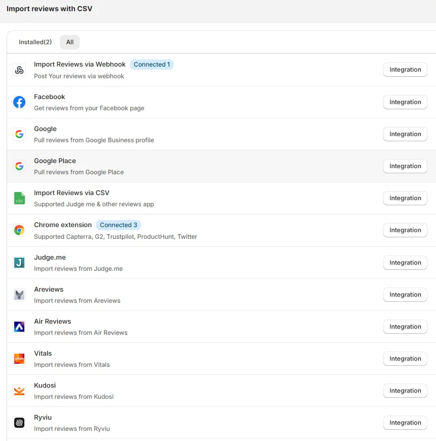 Diffrent review platfrom integration options